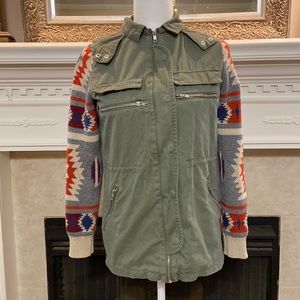 Thread & Supply Army Green Jacket with Knit Aztec Print Sleeves - Attached Hood
